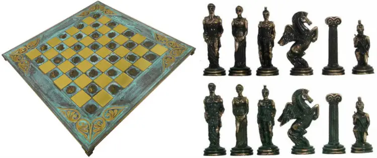 GREEK METAL CHESS SET RED HANDMADE ROMAN BOARD PIECES MADE IN GREECE 18" 500R 