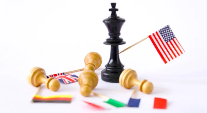 Chess Pieces And Flags of America, Italy, England, France And Germany
