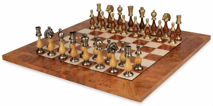 Large Contemporary Staunton Solid Brass & Wood Chess Set with Elm Burl Board