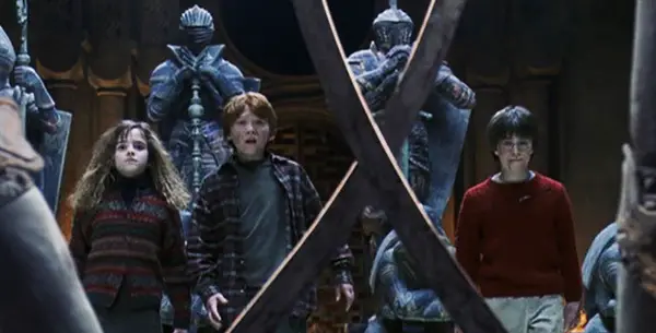 Harry, Hermione & Ron Facing The Chess Pieces