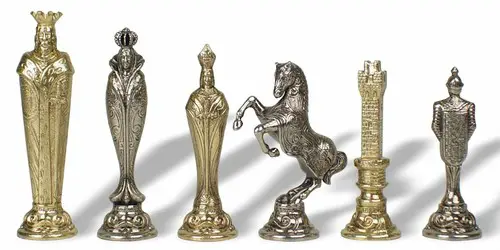 Large Metal Renaissance Chess Set On Grey Gloss Board - Gold & Silver