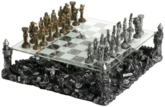 Medieval Times Crusades Gold Silver Armored Knight Chess Set Cherry Color Board 
