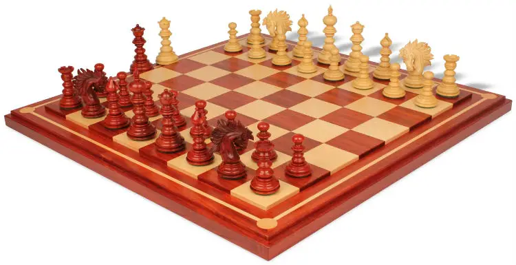 Strategos Staunton Chess Set in Padauk & Boxwood with Padauk & Maple Mission Craft Chess Board