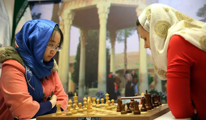 Tan Zhongyi and Anna Muzychuck at the Women's World Chess Championship in Tehran
